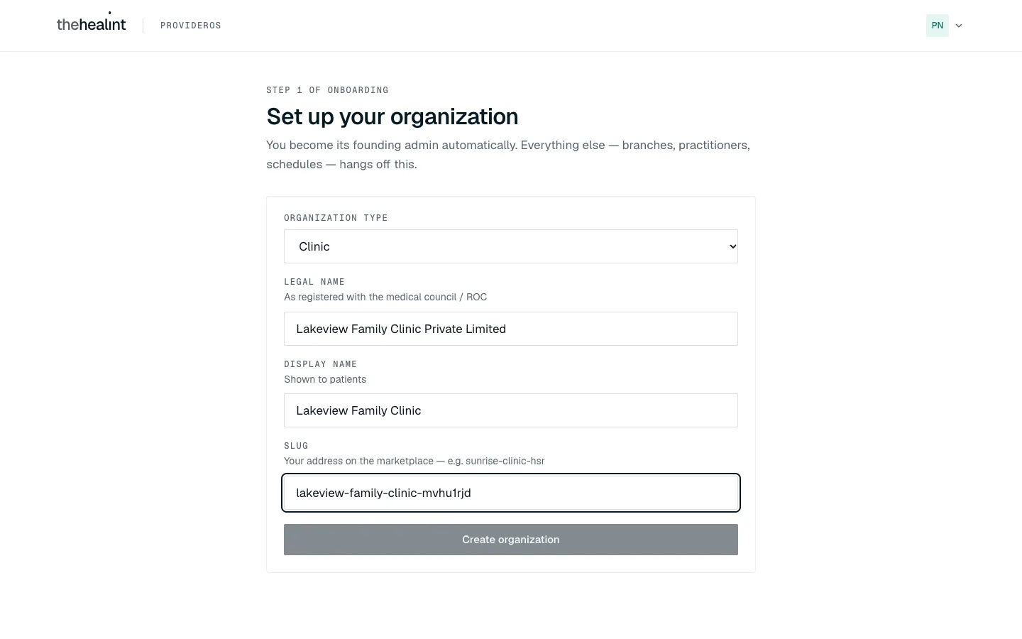 A new organization's setup form