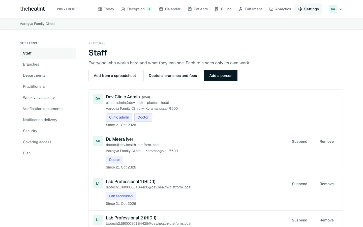 The Settings menu, open on Staff