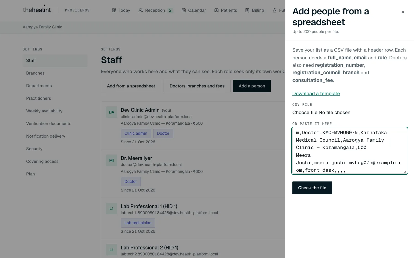 The "Add people from a spreadsheet" panel with a CSV pasted in the box and a Check the file button.