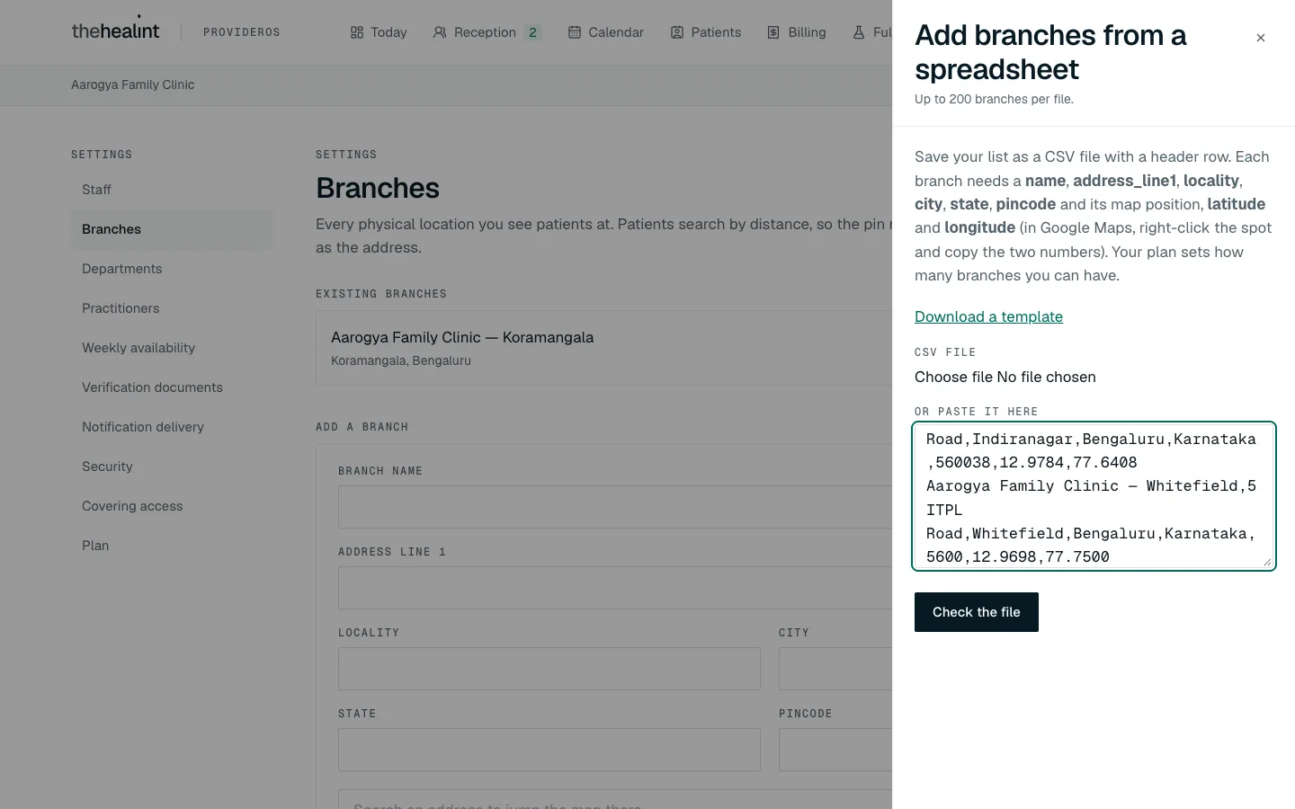 The Add branches from a spreadsheet panel with two lines pasted in.