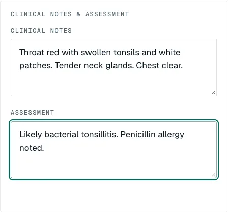 Clinical notes and assessment
