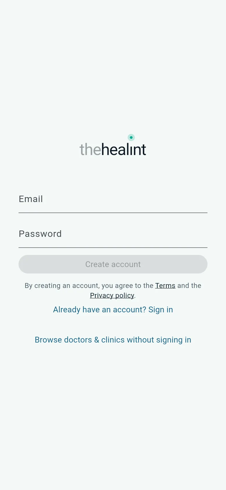 iPhone-size view of the app's Create account screen, with the line about the Terms and the Privacy policy under the button