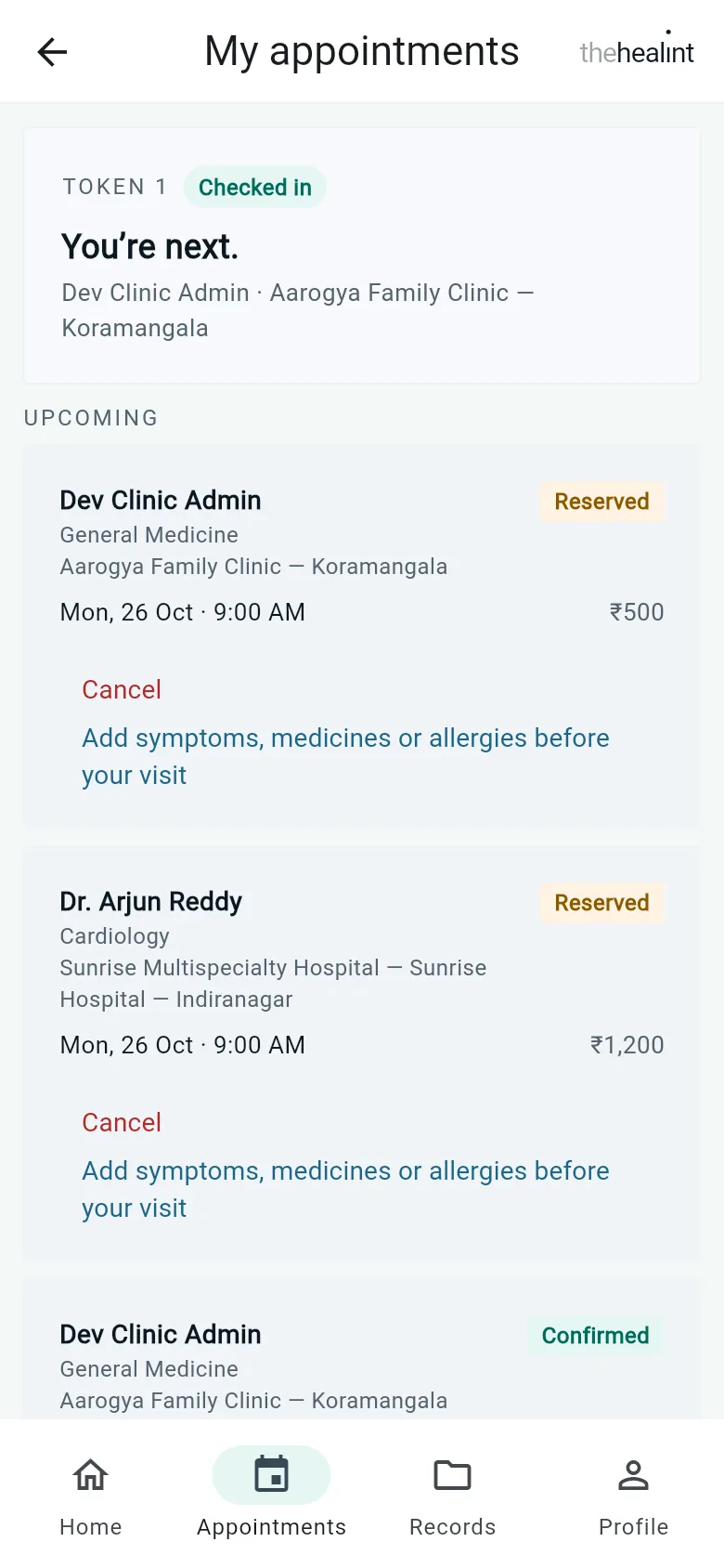 iPhone-size view of My appointments: each visit with its day, time and fee