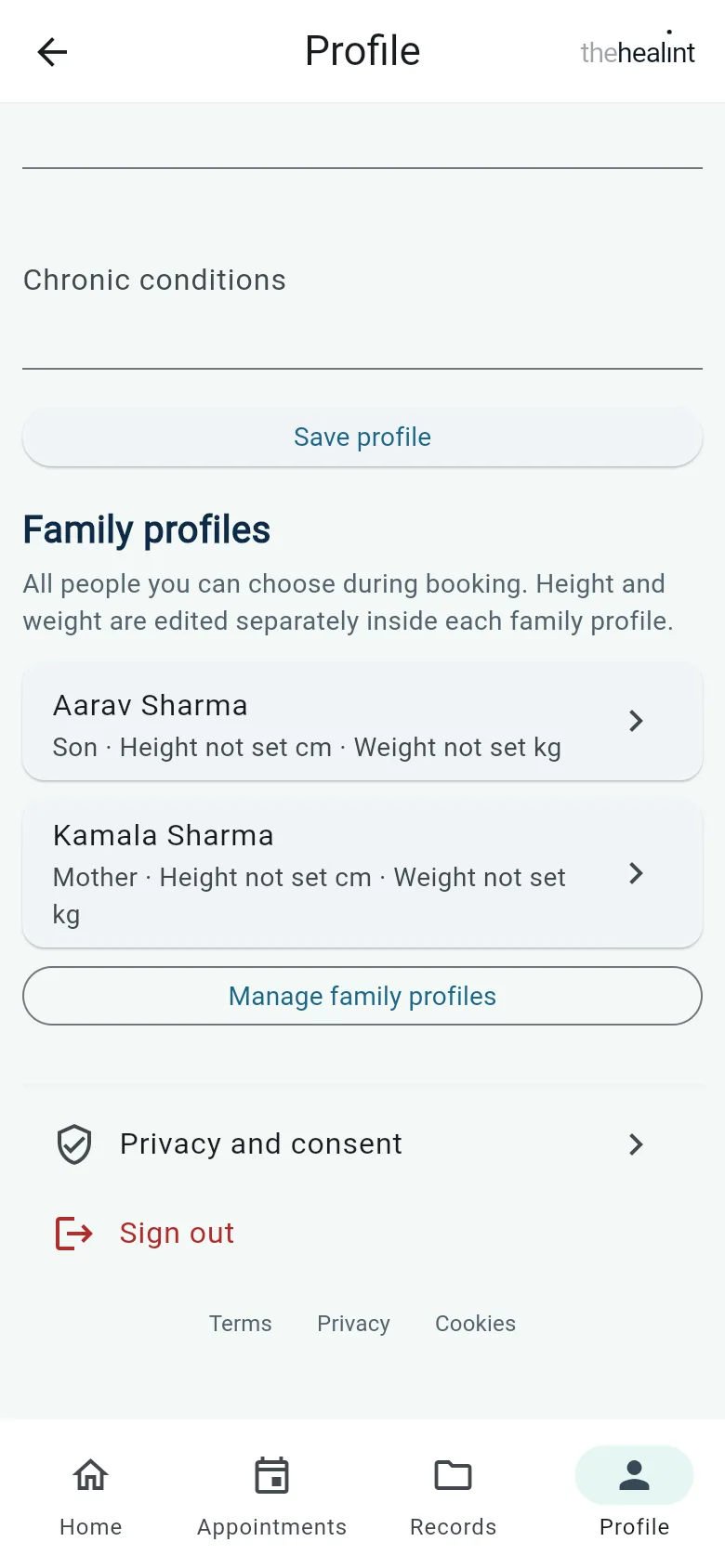 iPhone-size view of the bottom of Profile, with Terms, Privacy and Cookies links under Sign out