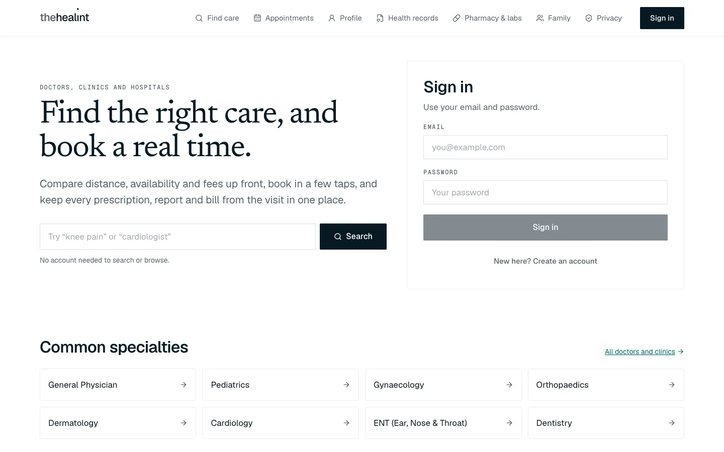The public landing page with search and sign-in