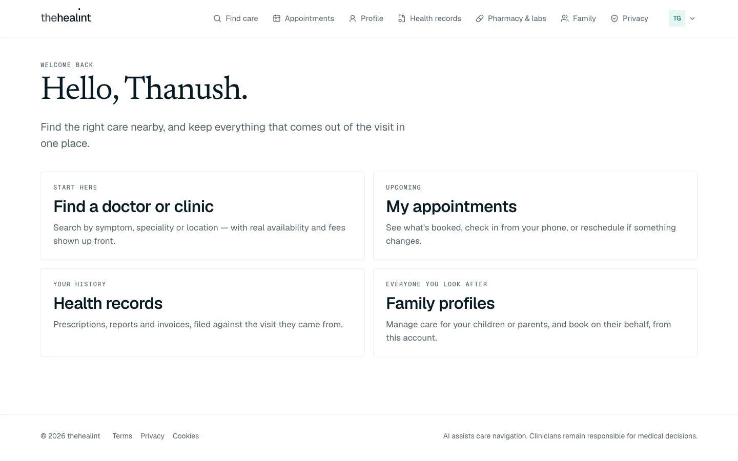 The patient home page after signing in
