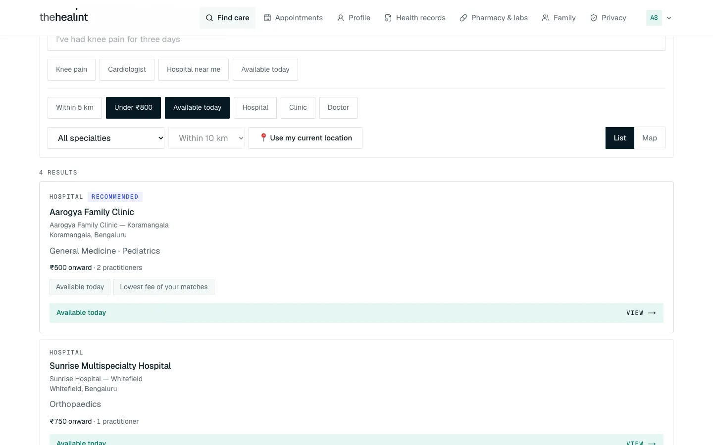 Search with Under ₹800 and Available today switched on