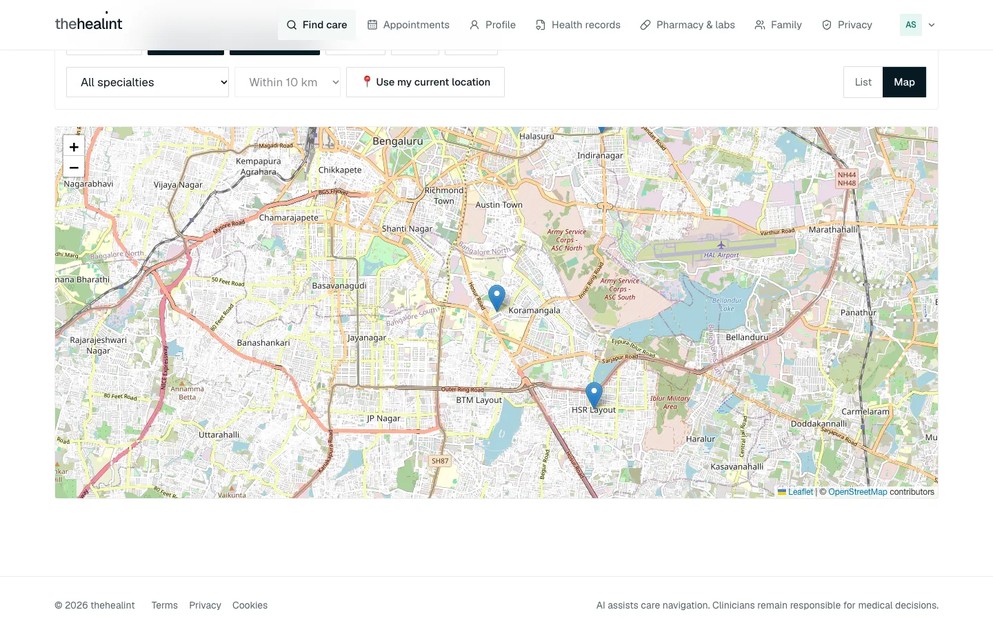 Search results shown on a map