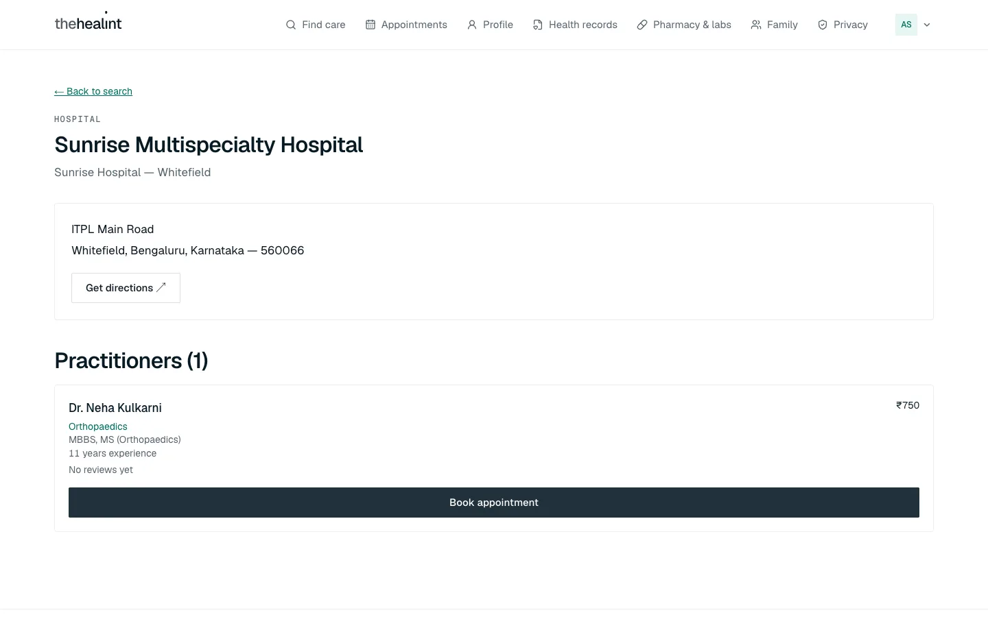 A hospital branch page listing its doctors