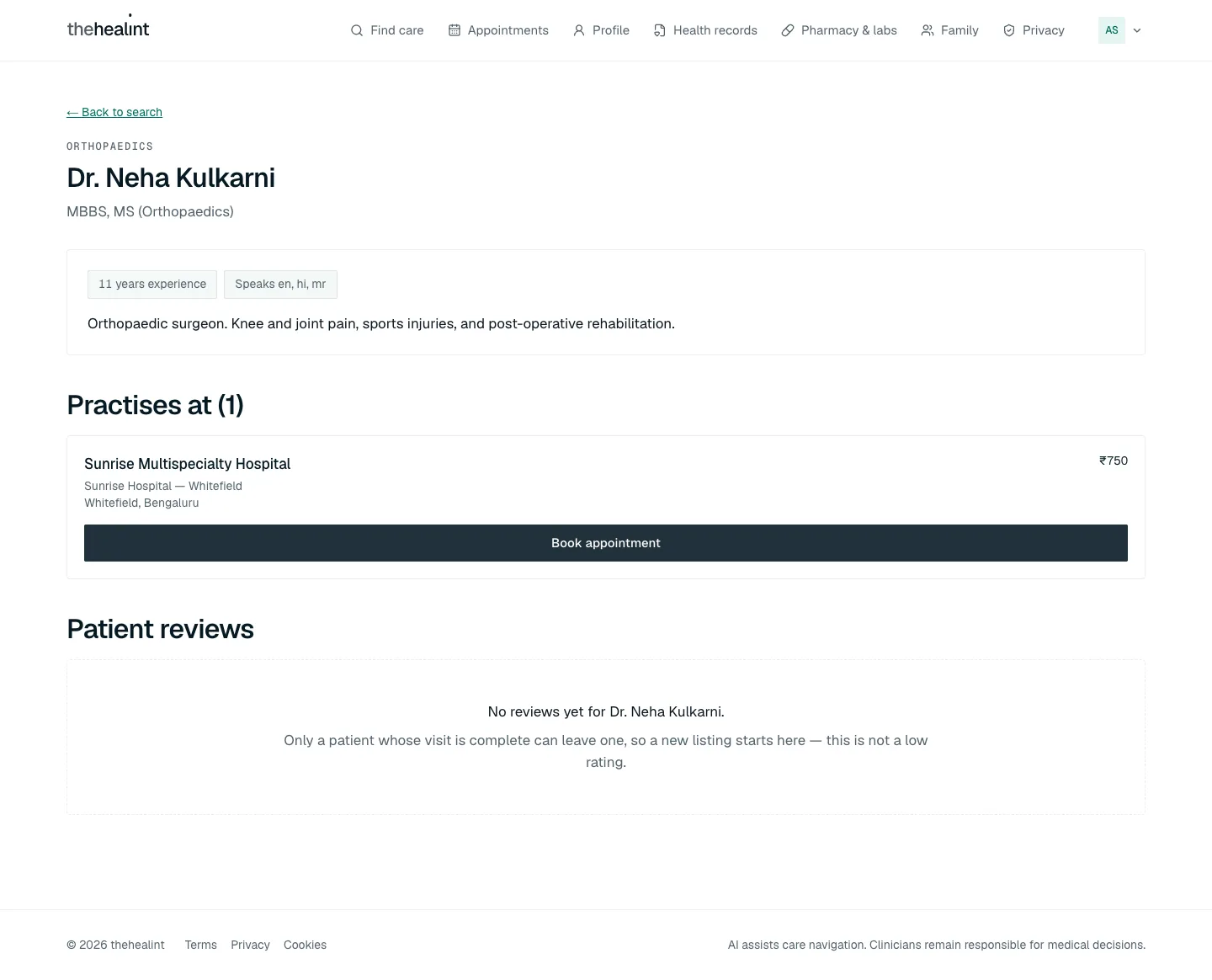 A doctor's profile page