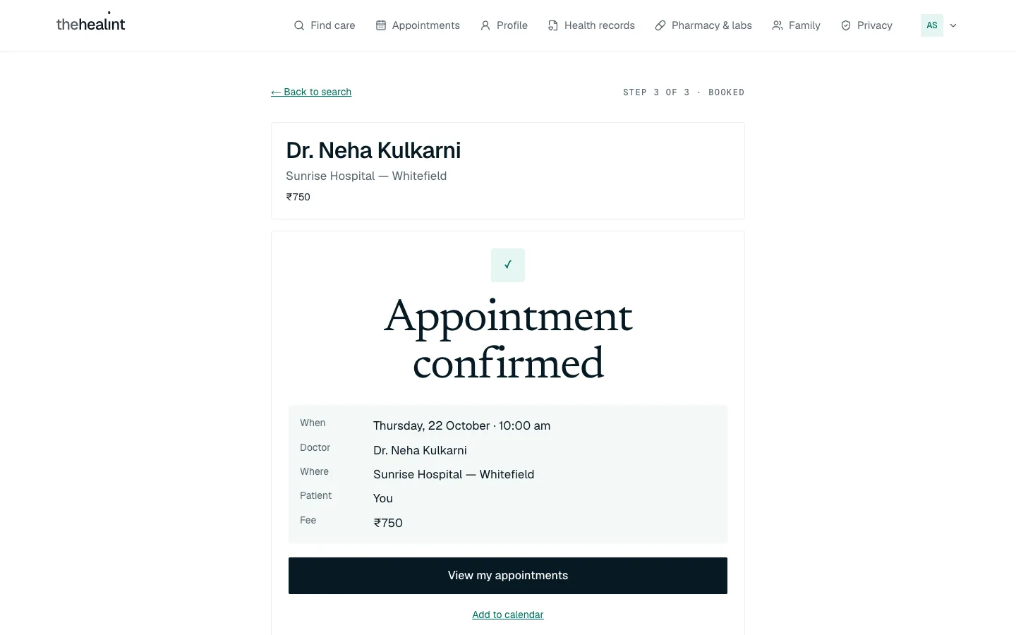 Step 3: appointment confirmed