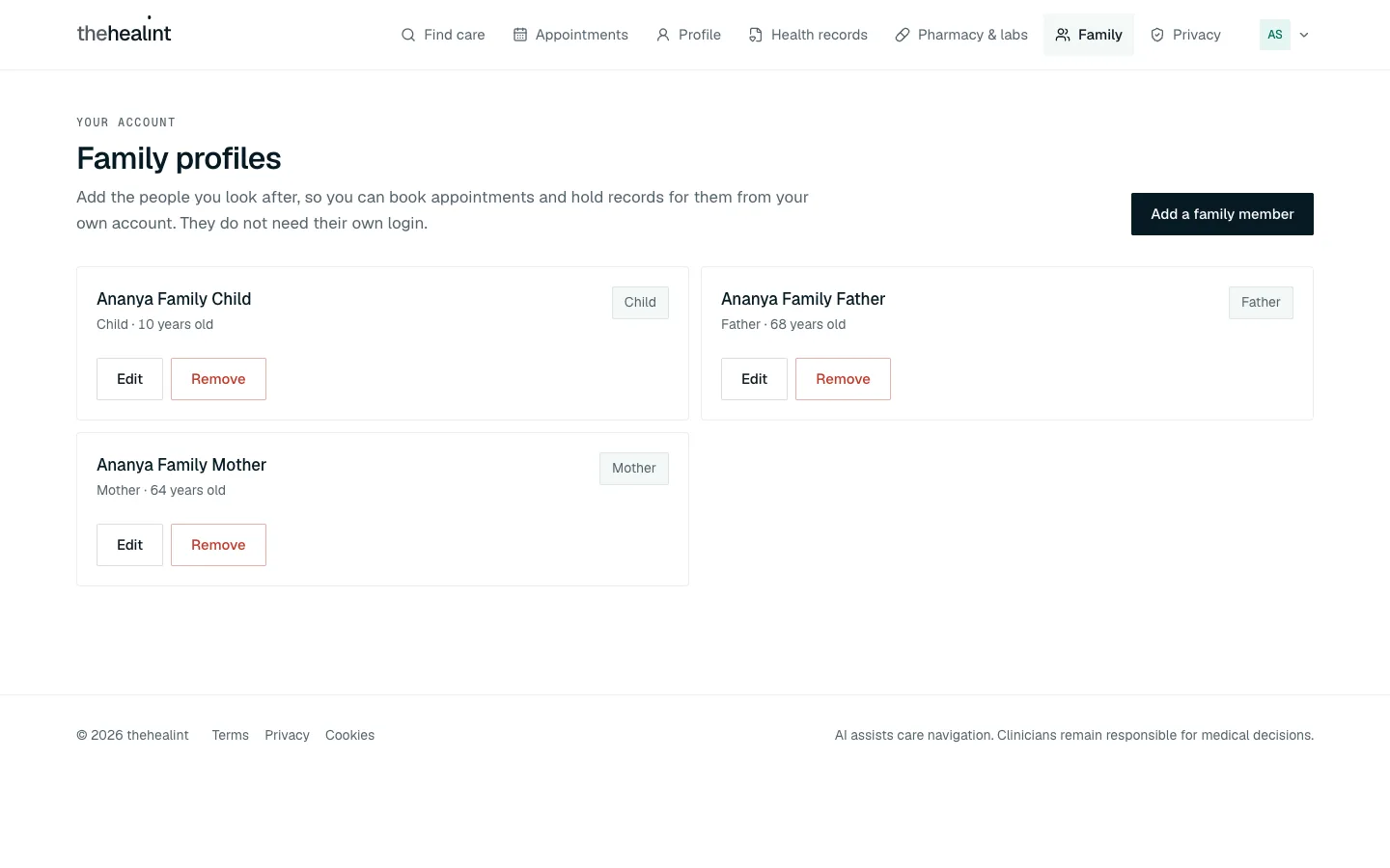 The Family profiles page