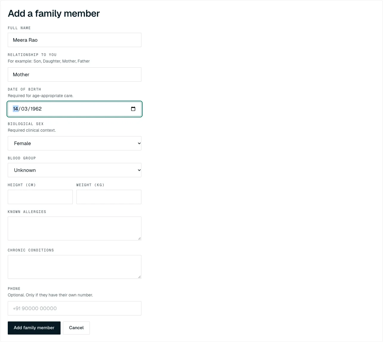 The Add a family member form