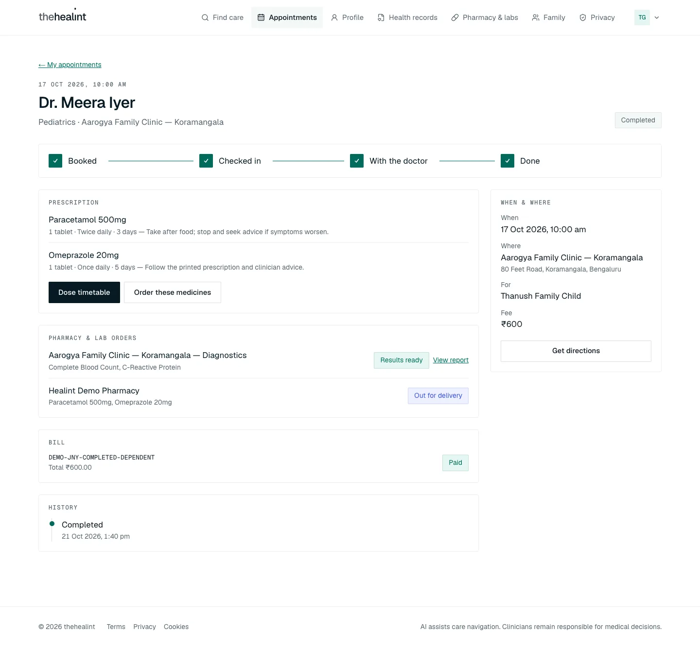 The visit page for a completed visit