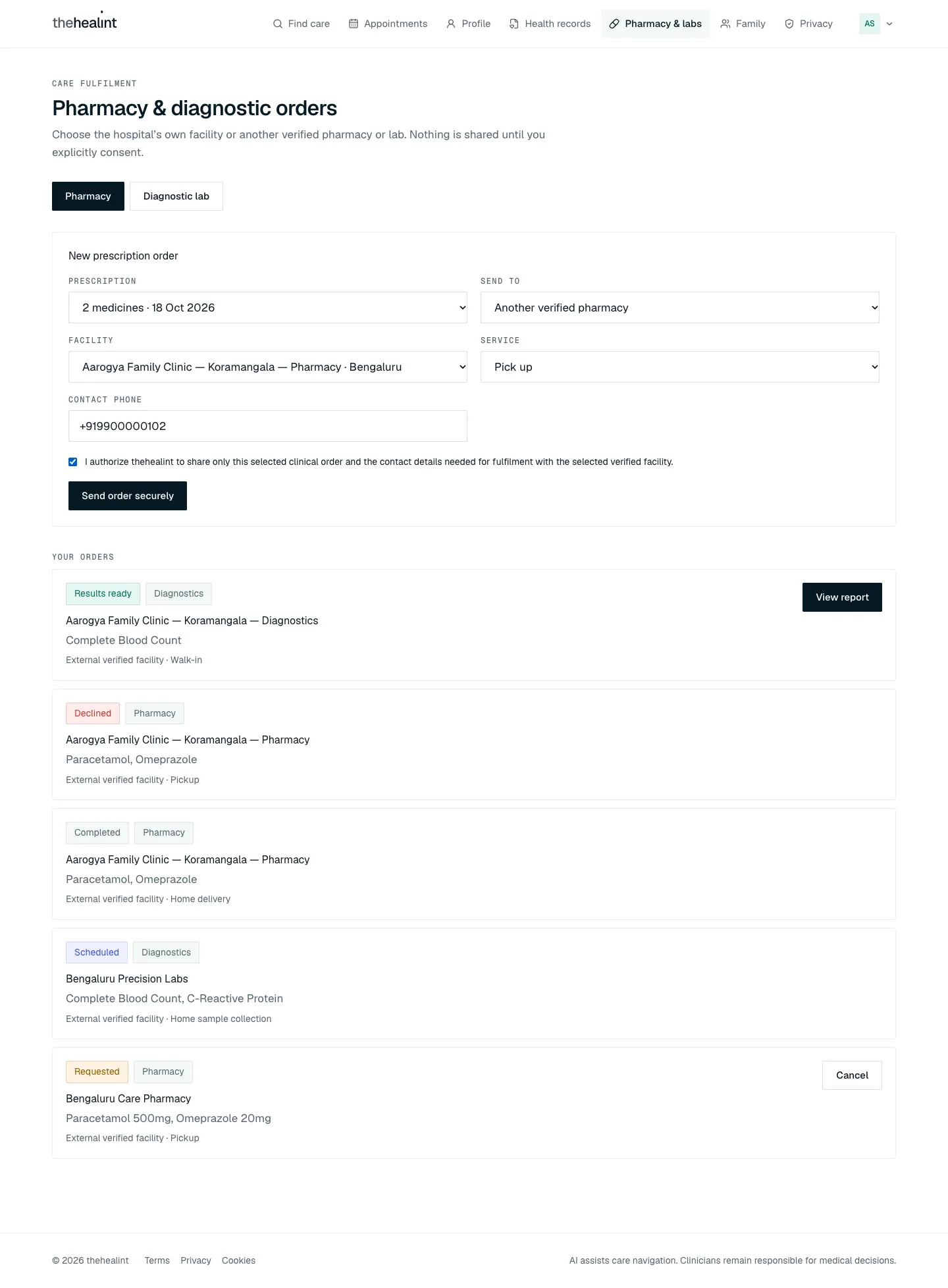 The new order form with consent ticked