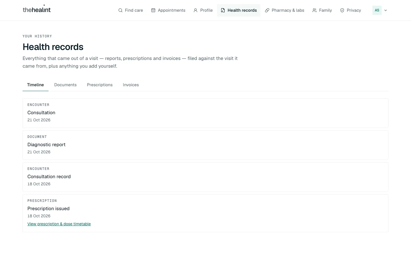 Health records, Timeline tab