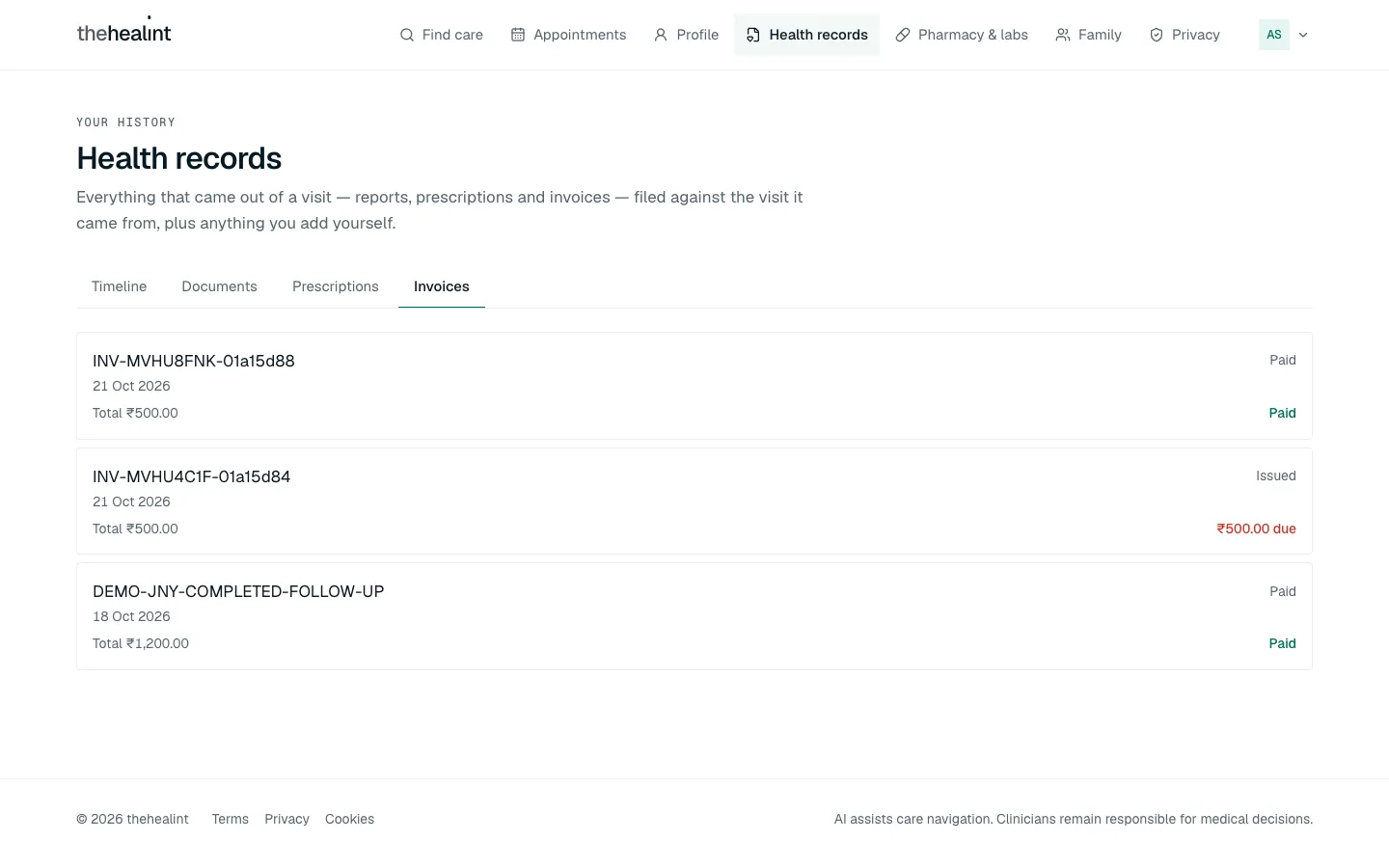 Health records, Invoices tab