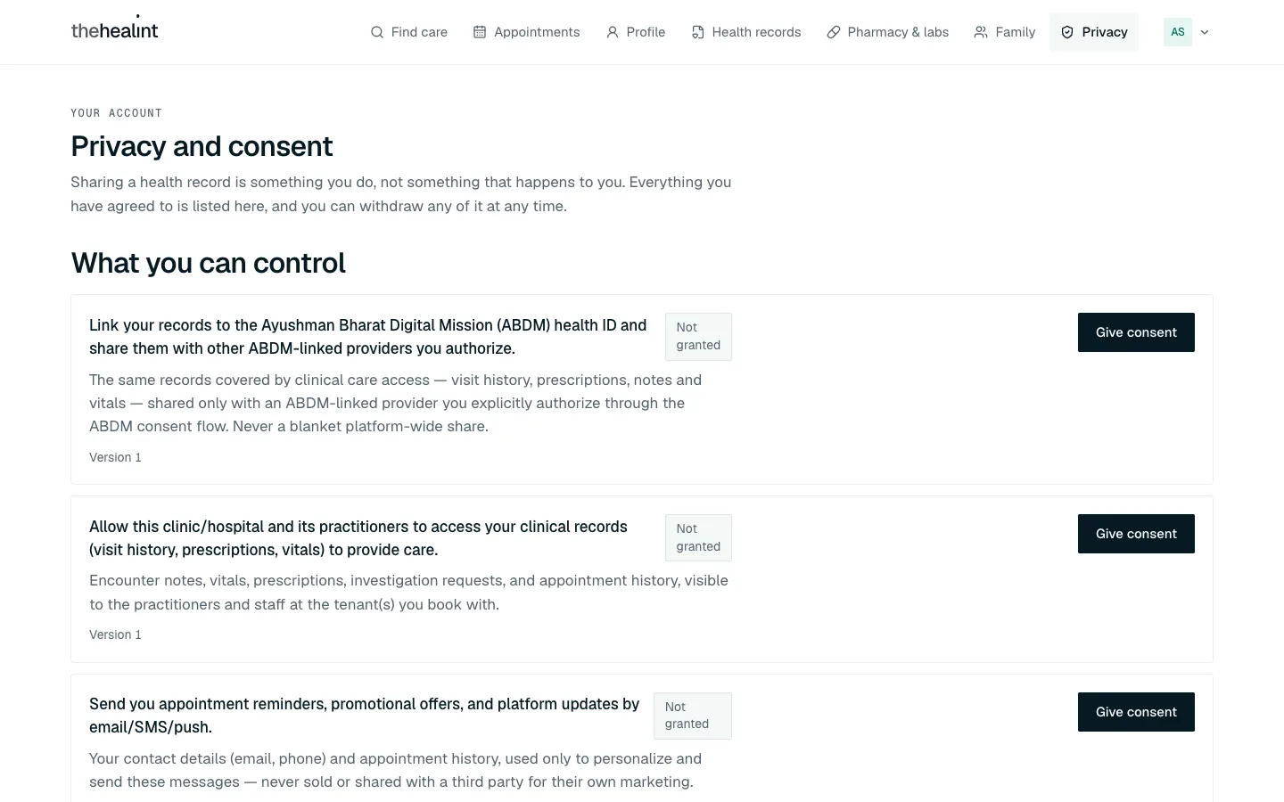 The Privacy and consent page