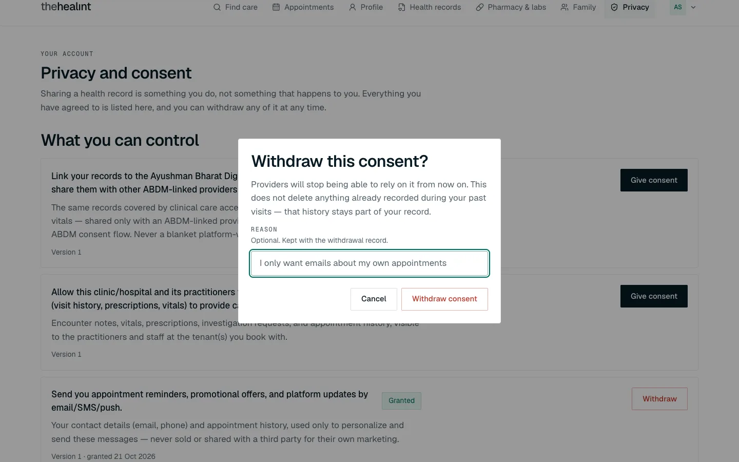 The Withdraw this consent box