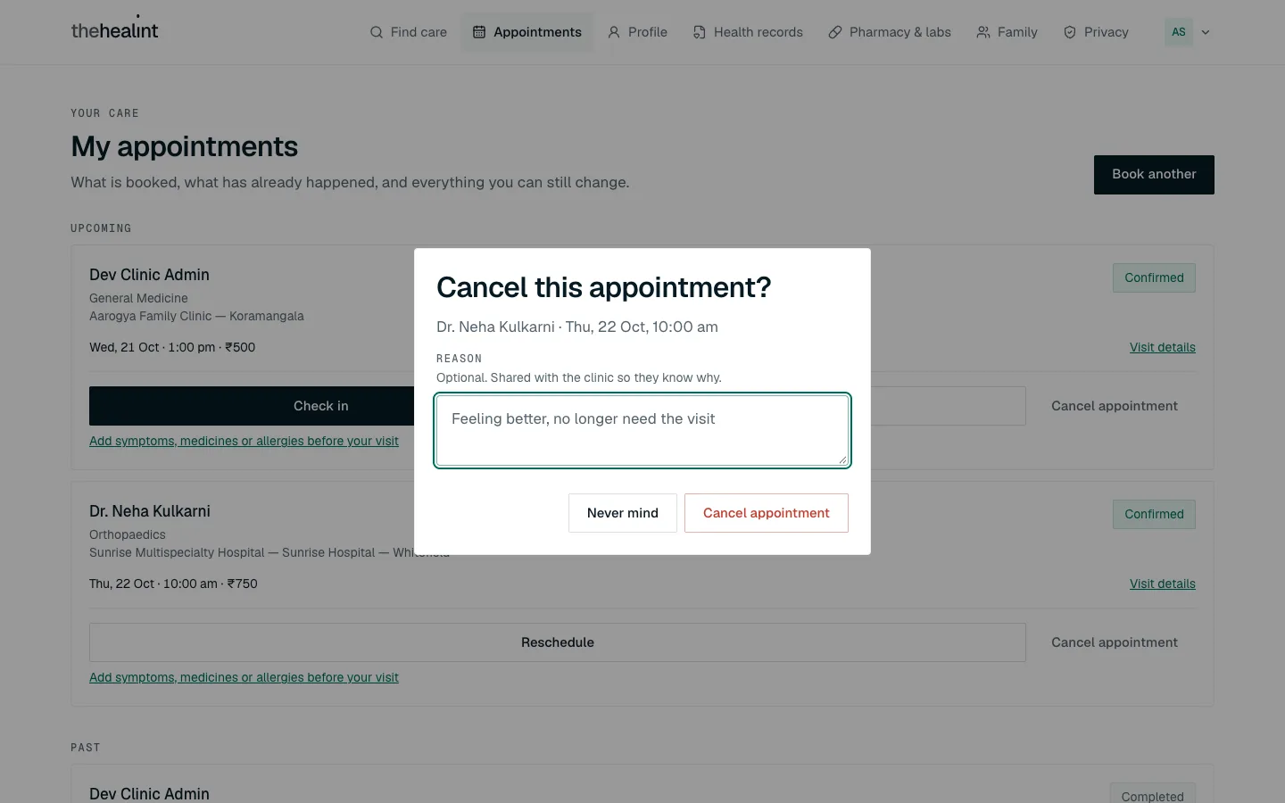 The Cancel this appointment box