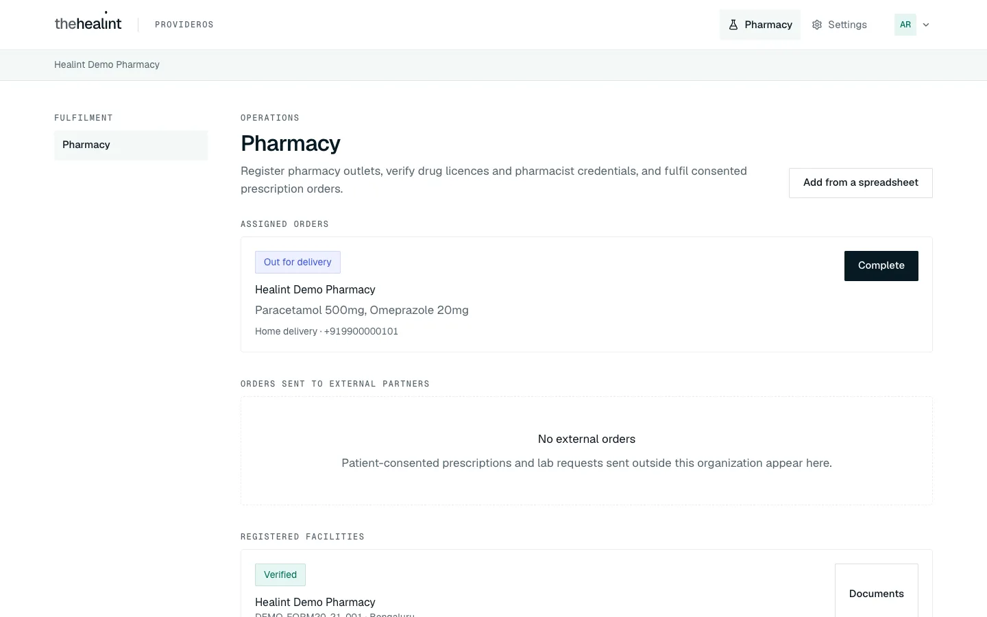 A pharmacy admin's page