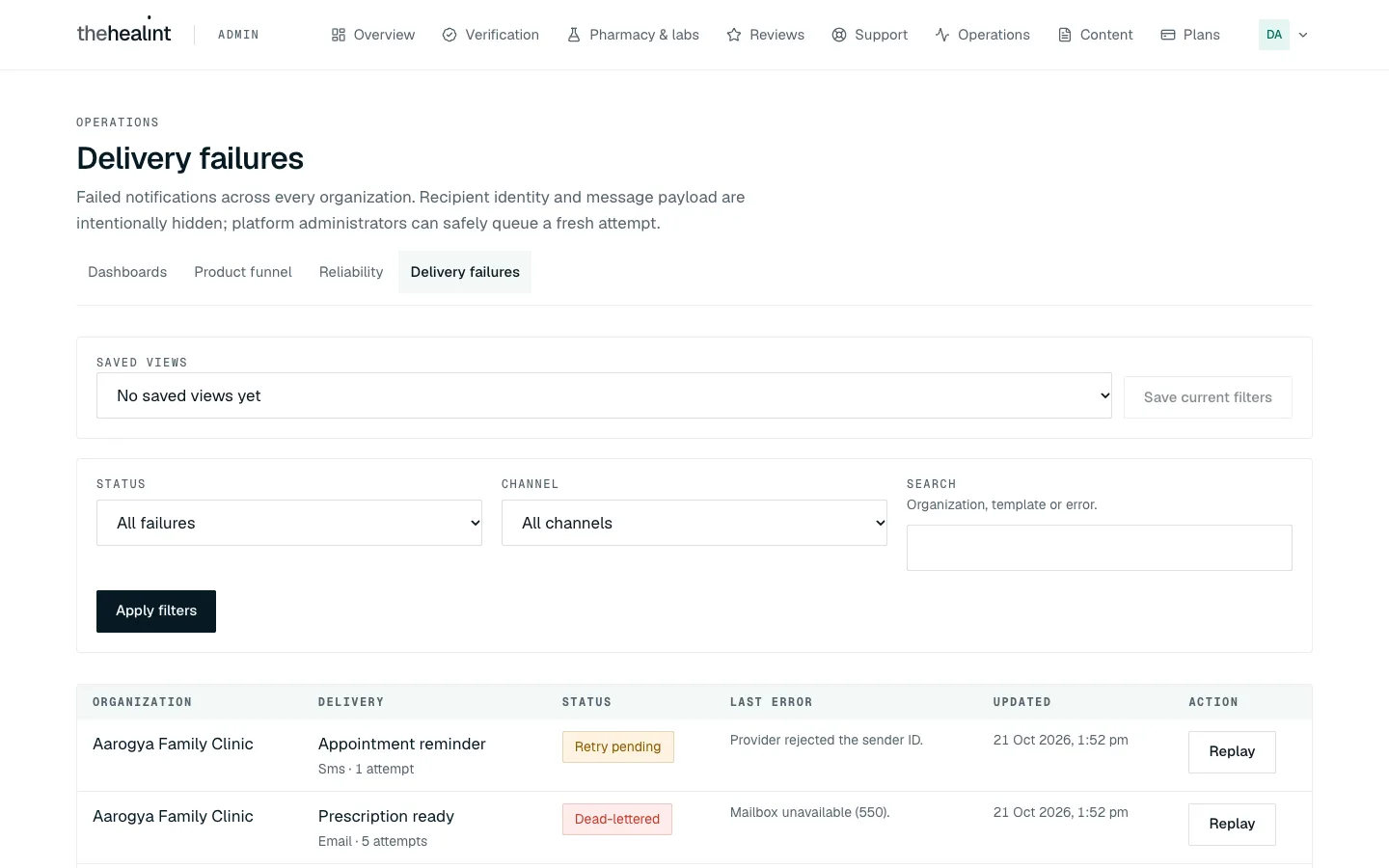 Operations, Delivery failures: filters for status, channel and search, then a table of organization, delivery, status, last error, updated and a Replay button.