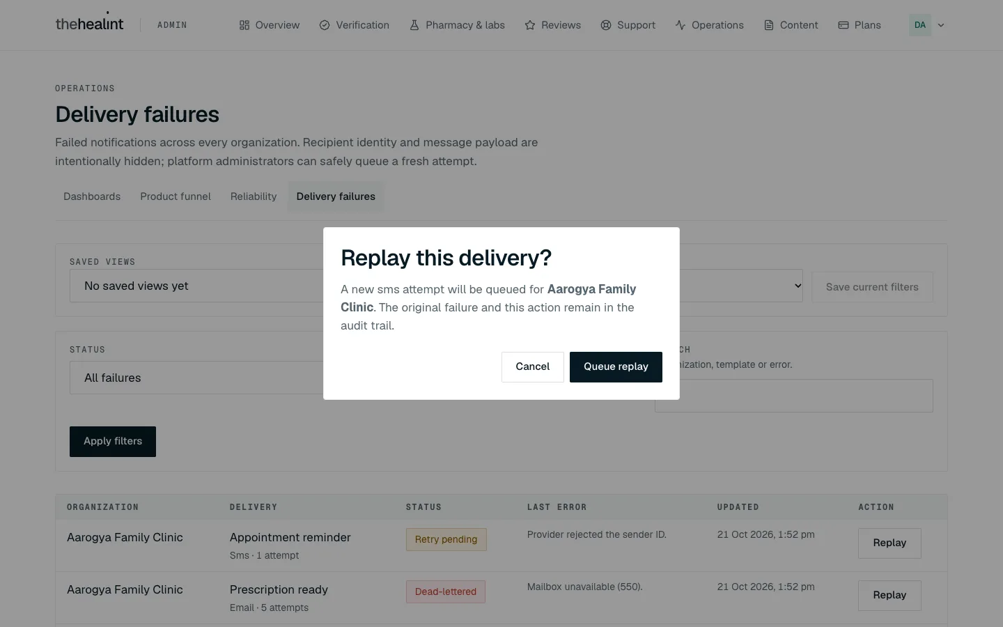 The "Replay this delivery?" confirmation naming the organization, with Cancel and Queue replay.