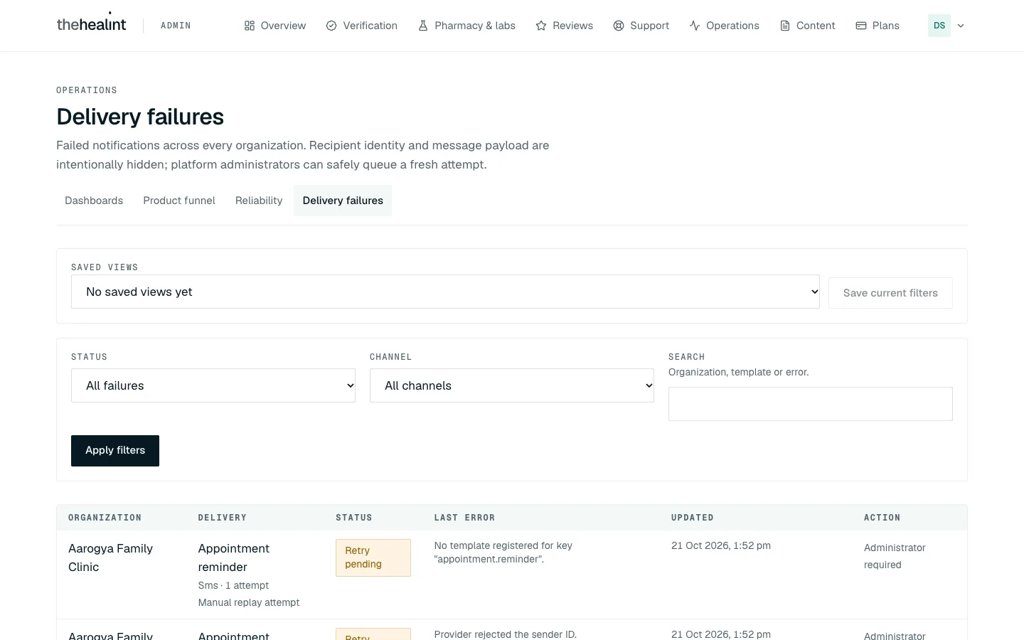 The same list signed in as support: each row says "Administrator required" instead of Replay.