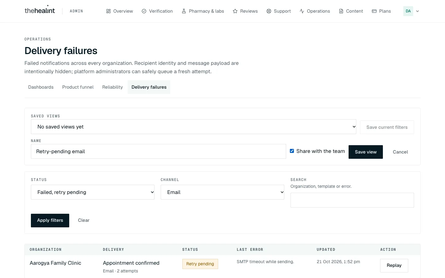 Save current filters: a name box and a "Share with the team" tick box under the Saved views bar.