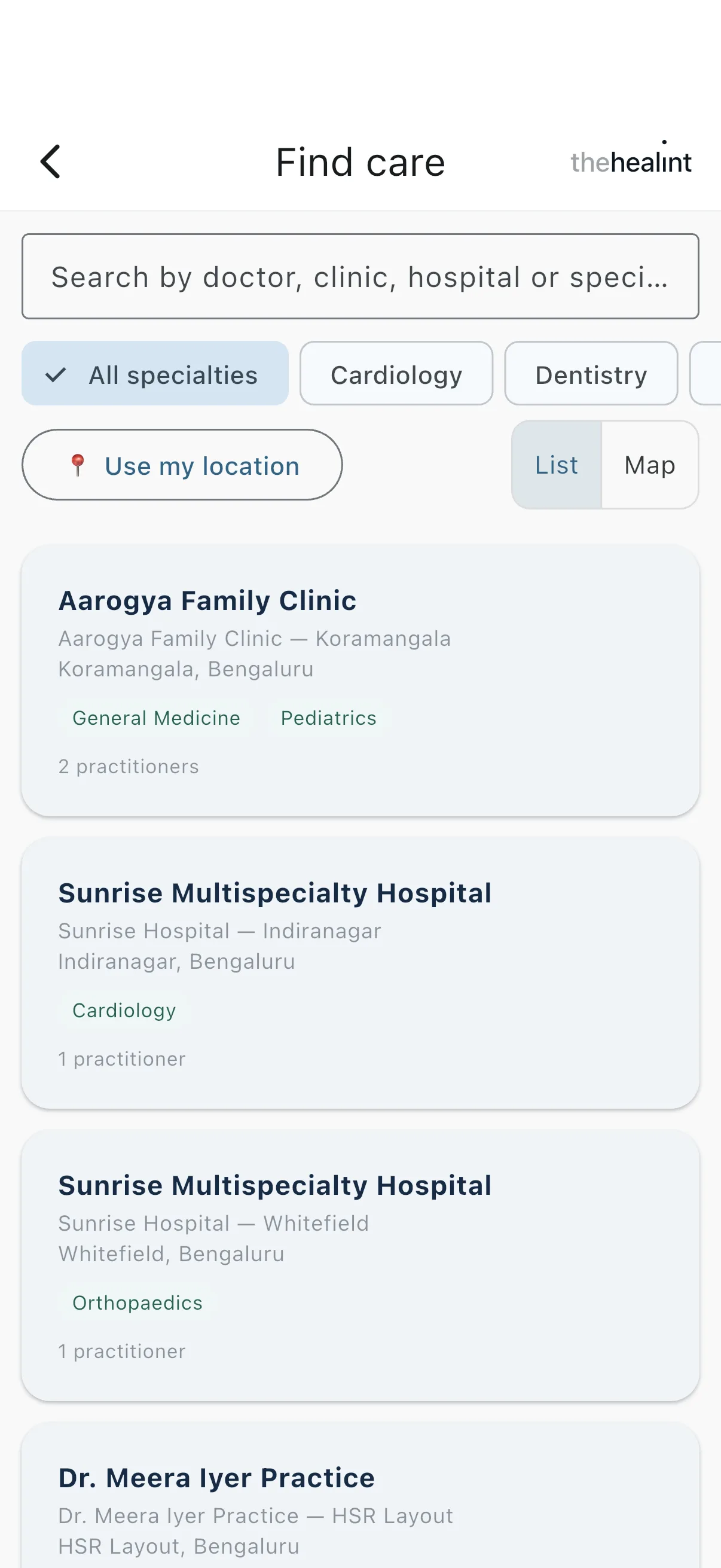 iPhone app Find care screen