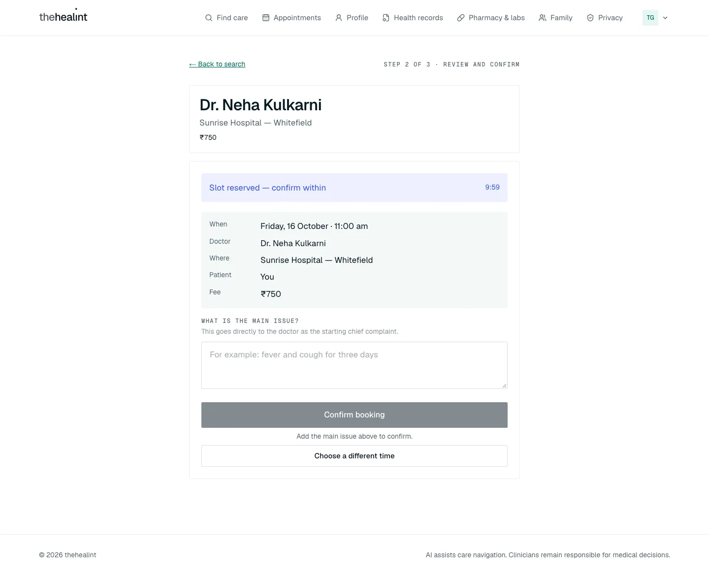 Booking — review and confirm