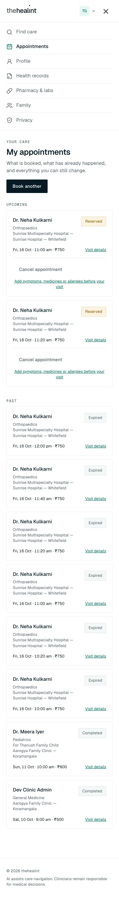 Patient web at phone width with the menu open